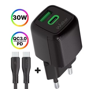 Зарядний адаптер Walker WH-71 30W GAN (1USB / 1Type-C) + кабель Type-C - Type-C (Чорний)